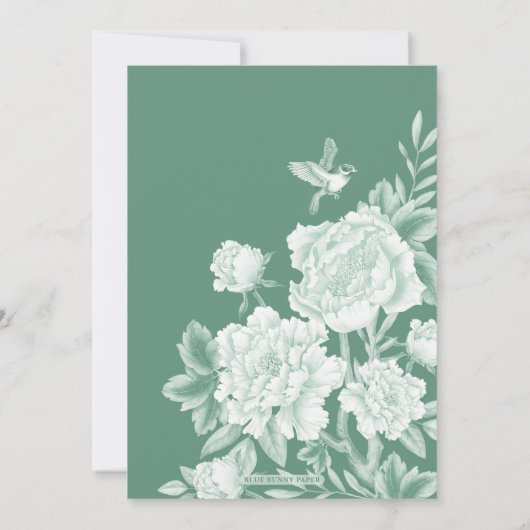 Sage Green Chinoiserie Vogelpioen Save the Date Kaart (Achterkant)