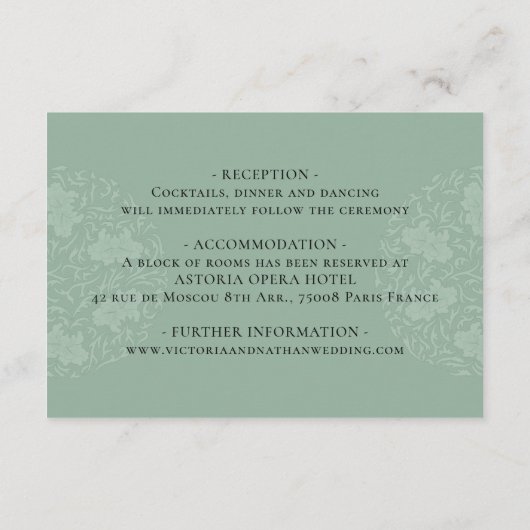 Sage Green Chinoiserie Weddenschap Details Informatiekaartje (Achterkant)