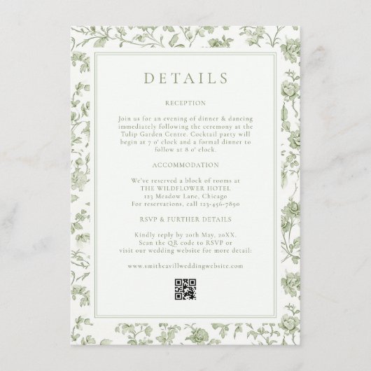 Sage Green Chinoiserie Wedding Details Informatiekaartje (Voorkant)