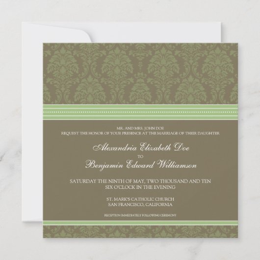 Sage Green Chocolate Damask Wedding Invitation Kaart (Voorkant)