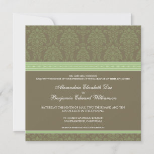 Sage Green Chocolate Damask Wedding Invitation Kaart