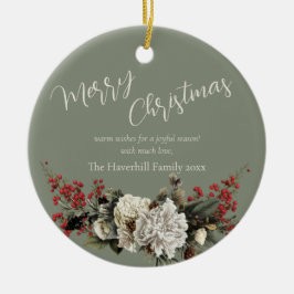 Sage Green Christmas Bloemen Familienaam Modern Keramisch Ornament
