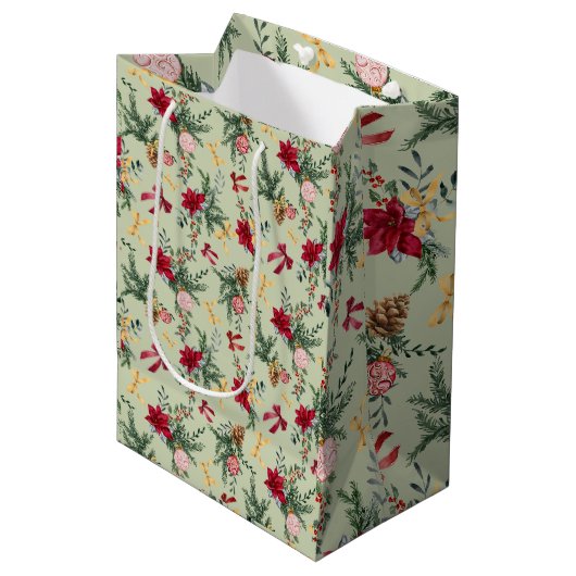 Sage Green Christmas Winter Greenery & Bow Pattern Medium Cadeauzakje (Voorkant Gekanteld)