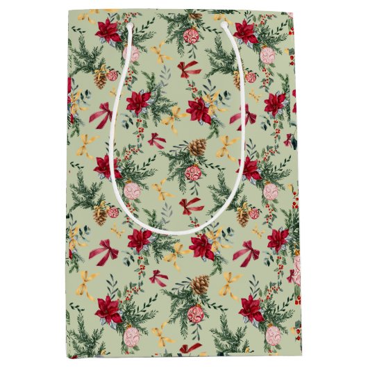 Sage Green Christmas Winter Greenery & Bow Pattern Medium Cadeauzakje (Voorkant)