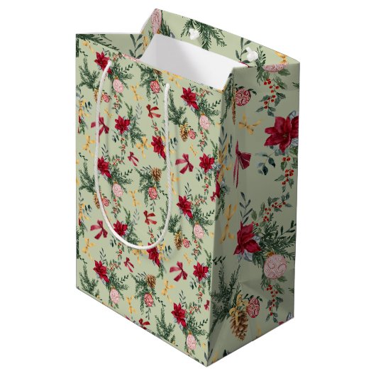 Sage Green Christmas Winter Greenery & Bow Pattern Medium Cadeauzakje (Achterkant Gekanteld)