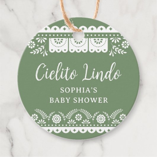 Sage Green Cielito Lindo Talavera Mexicaanse Baby  Bedankjes Labels (Voorkant)