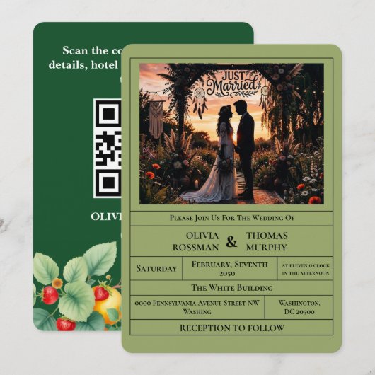 Sage Green Citrus Botanical Wedding Invitation Kaart (Voorkant / Achterkant)