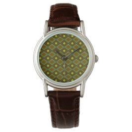 Sage Green Citrus Brown Checkered Pattern Horloge