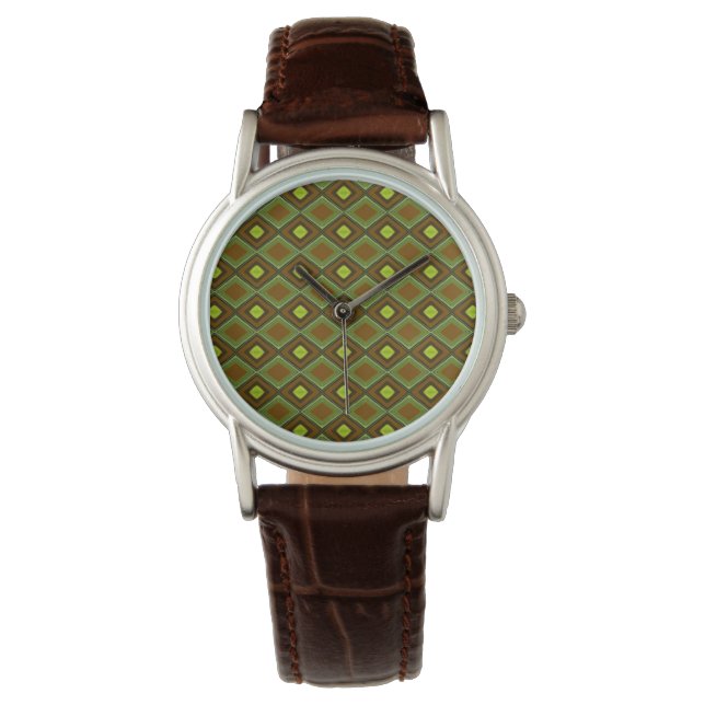 Sage Green Citrus Brown Checkered Pattern Horloge (Voorkant)