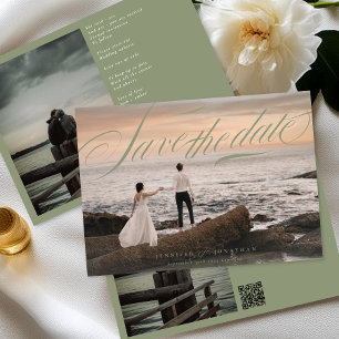 Sage Green Classic Elegante QR Code Foto Bruiloft Save The Date