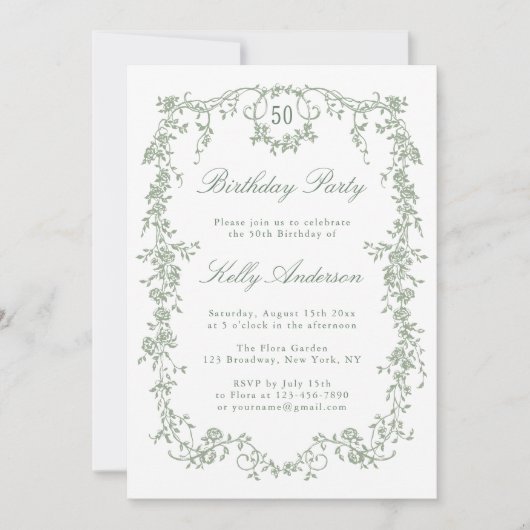 Sage Green Classic Floral 50ste Verjaardagsfeest Kaart (Voorkant)