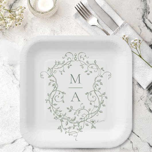Sage Green Classic Floral Crest Monogram Huwelijk Papieren Bordje