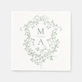Sage Green Classic Floral Crest Monogram Huwelijk Servet (Voorkant)
