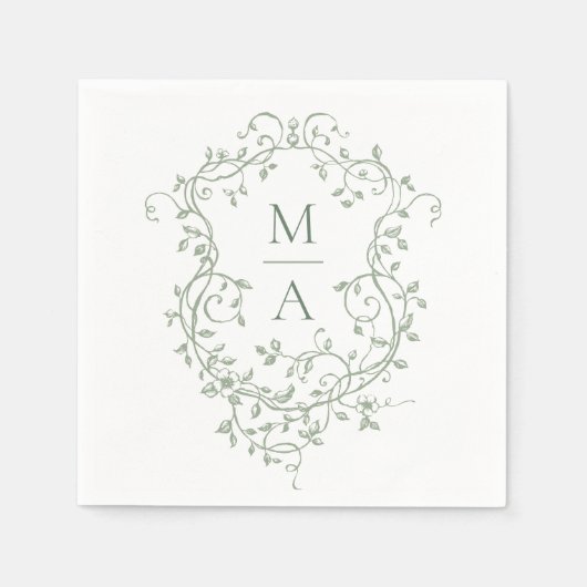 Sage Green Classic Floral Crest Monogram Huwelijk Servet (Voorkant)