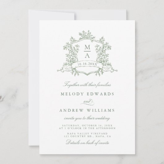 Sage Green Classic Floral Crest Wedding All in One Kaart (Voorkant)