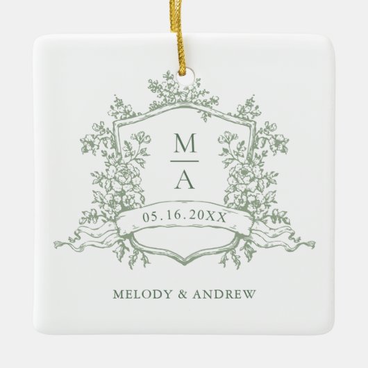 Sage Green Classic Floral Crest Wedding Photo Keramisch Ornament (Voorkant)