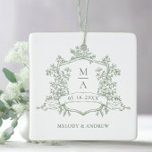 Sage Green Classic Floral Crest Wedding Photo Keramisch Ornament