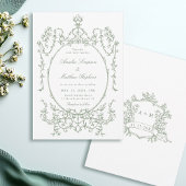 Sage Green Classic Floral Frame Wedding            Kaart