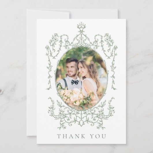 Sage Green Classic Floral Frame Wedding Photo Bedankkaart (Voorkant)