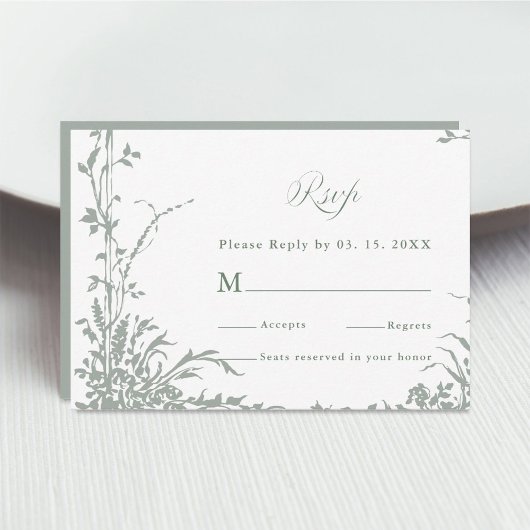 Sage Green Classic Floral Frame Wedding RSVP Kaartje