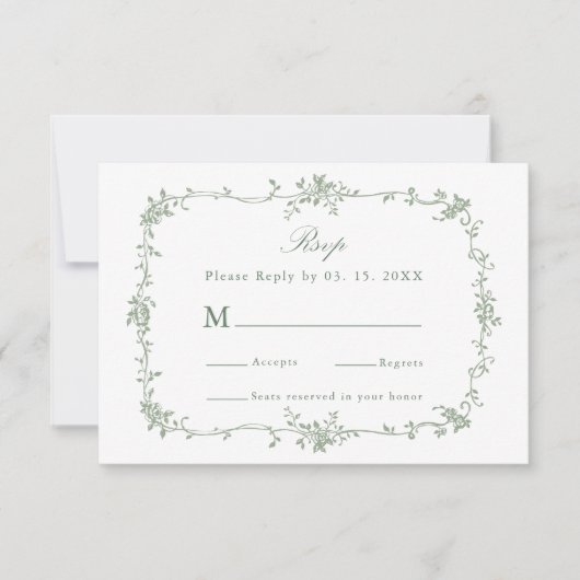Sage Green Classic Floral Lijst Wedding RSVP (Voorkant)