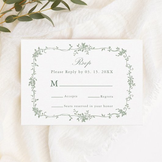 Sage Green Classic Floral Lijst Wedding RSVP Kaartje