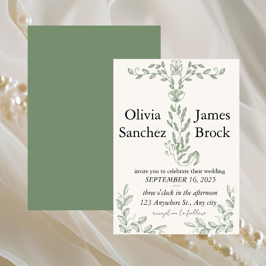 Sage Green Classic Floral Wedding Invitation Kaart