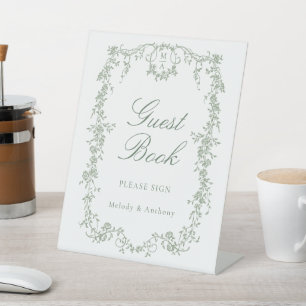 Sage Green Classic Frans Lijst Guestbook Sign Reclamebord Met Voetstuk