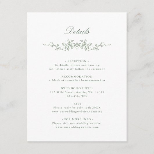 Sage Green Classic Franse Bloemen Trouwdetails Informatiekaartje (Voorkant)