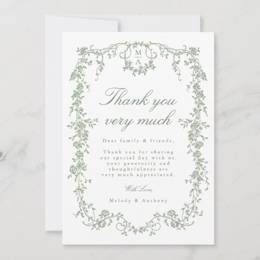 Sage Green Classic Franse Bloemen Trouwfoto Bedankkaart (Voorkant)