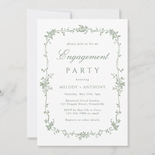 Sage Green Classic Franse Bloemen Verlovingsfeest Kaart (Voorkant)
