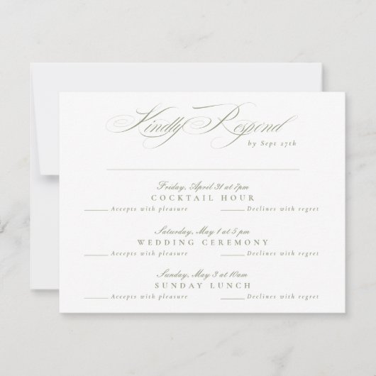 Sage Green Classic Kalligrafie multi-event RSVP Kaartje (Voorkant)