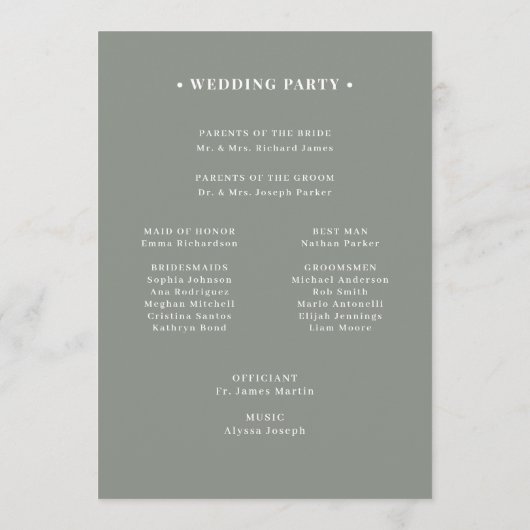 Sage Green | Classic Luxe bruiloft welkom Programmakaart (Achterkant)
