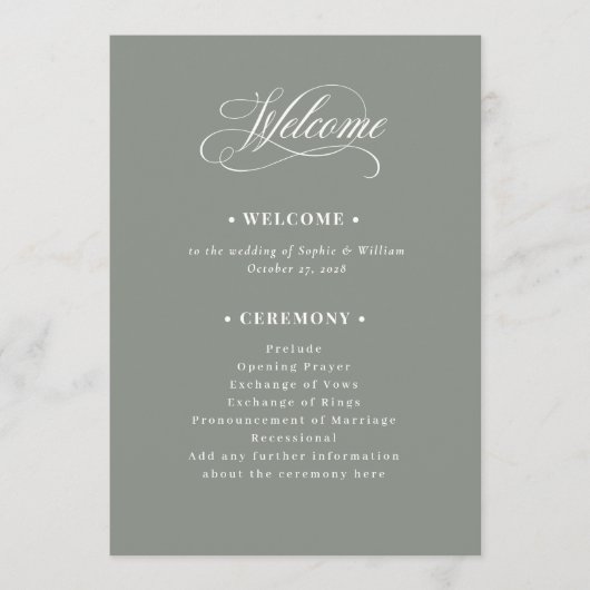 Sage Green | Classic Luxe bruiloft welkom Programmakaart (Voorkant)