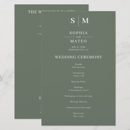 Sage Green Classic Minimalistische Wedding Program (Voorkant / Achterkant)