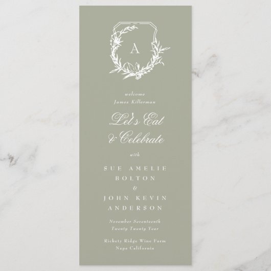 Sage Green Classic  Monogram Crest Bruiloft Menu (Achterkant)