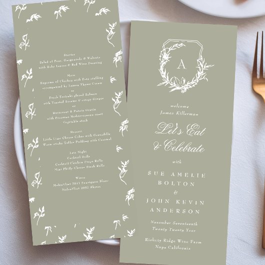 Sage Green Classic  Monogram Crest Bruiloft Menu
