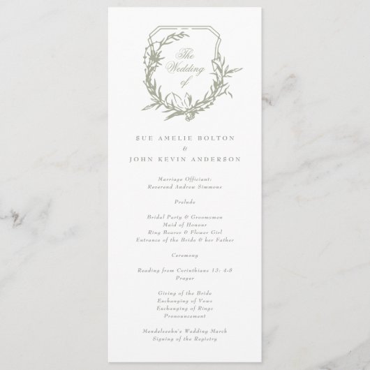 Sage Green Classic Monogrammed The Wedding Crest Programmakaart (Voorkant)