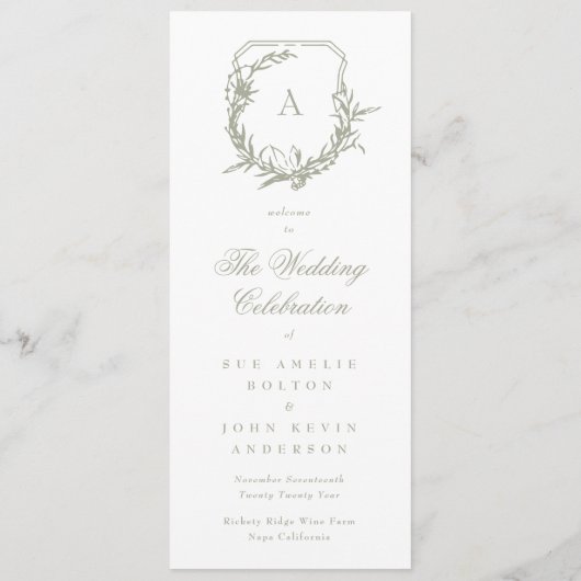 Sage Green Classic Monogrammed The Wedding Crest Programmakaart (Achterkant)