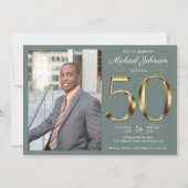 Sage Green Classy 50th Gold Custom Photo Birthday Kaart (Voorkant)