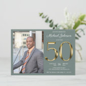 Sage Green Classy 50th Gold Custom Photo Birthday Kaart (Staand voorkant)