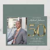 Sage Green Classy 50th Gold Custom Photo Birthday Kaart (Voorkant / Achterkant)