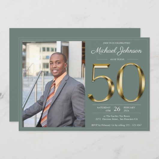 Sage Green Classy 50th Gold Custom Photo Birthday Kaart (Voorkant / Achterkant)