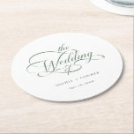 Sage Green Classy Calligraphy Wedding Ronde Kartonnen Onderzetter<br><div class="desc">Eenvoudig salie groen en wit bruiloft papier onderzetter is voorzien van elegante,  romantische swirly kalligrafie belettering met tekst. Voor meer geavanceerde aanpassing van dit ontwerp,  klikt u op de BLUE DESIGN TOOL BUTTON hierboven!</div>