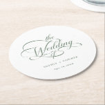 Sage Green Classy Calligraphy Wedding Ronde Kartonnen Onderzetter<br><div class="desc">Eenvoudig salie groen en wit bruiloft papier onderzetter is voorzien van elegante,  romantische swirly kalligrafie belettering met tekst. Voor meer geavanceerde aanpassing van dit ontwerp,  klikt u op de BLUE DESIGN TOOL BUTTON hierboven!</div>