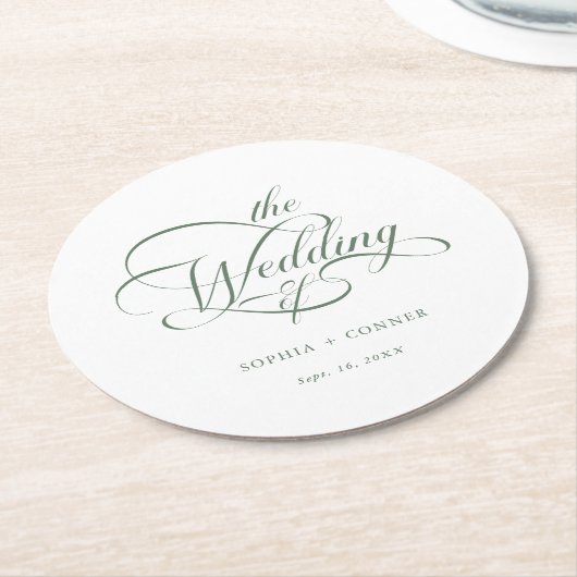 Sage Green Classy Calligraphy Wedding Ronde Kartonnen Onderzetter (Gebogen)