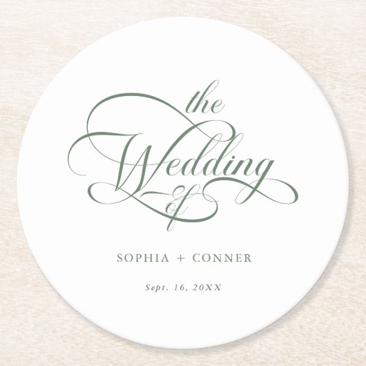 Sage Green Classy Calligraphy Wedding Ronde Kartonnen Onderzetter (Voorkant)
