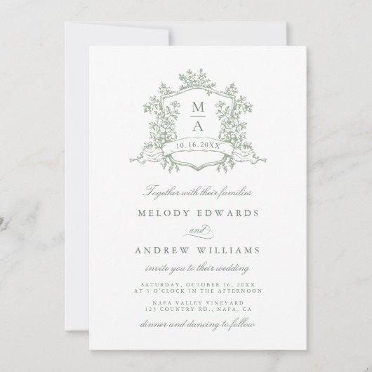 Sage Green Classy Floral Crest Wedding Invitation Kaart (Voorkant)