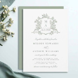 Sage Green Classy Floral Crest Wedding Invitation Kaart