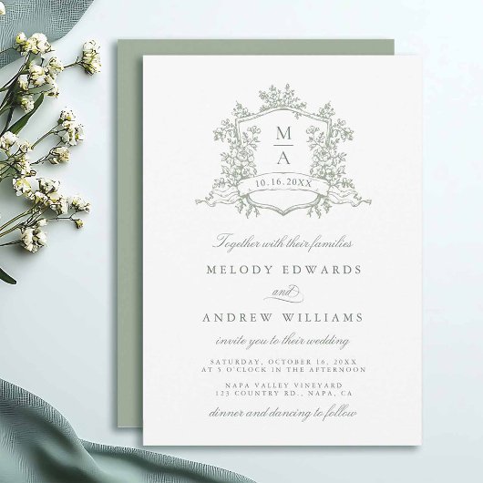 Sage Green Classy Floral Crest Wedding Invitation Kaart